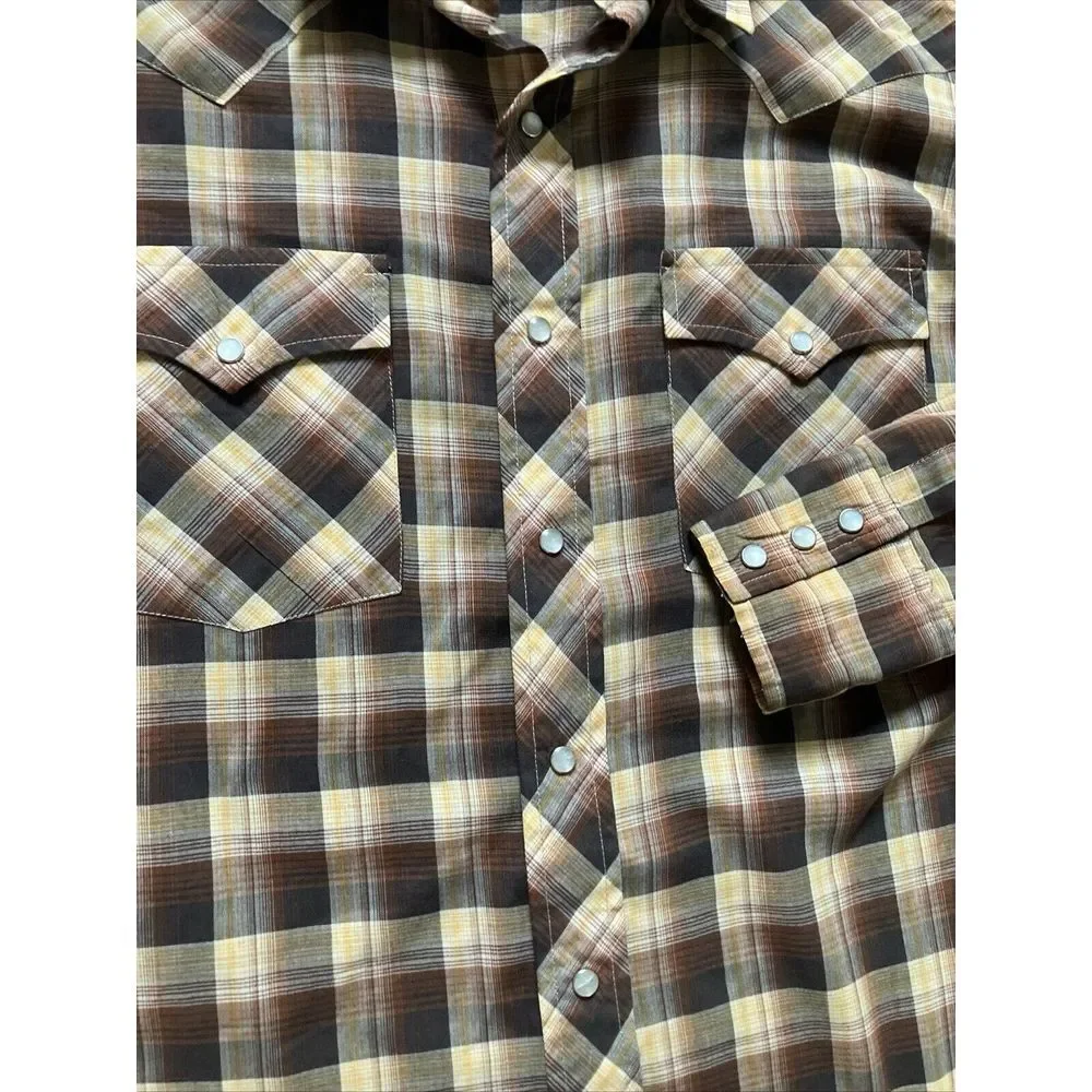 Vintage Campus Rugged Country Mens Brown Plaid Pearl Snap Western Shirt Large - Picture 4 of 8